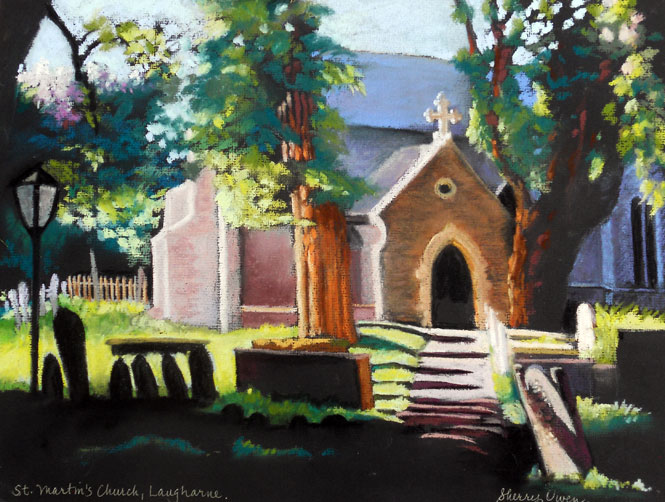 Pastel of Laugharne Church by Sherry Owen Details